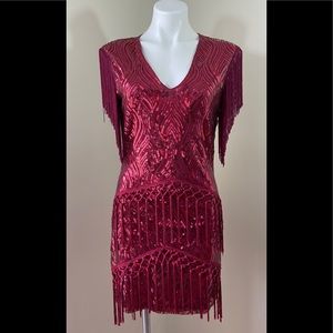 BABEYOND Burgundy Fringed Sequin Dress Flapper